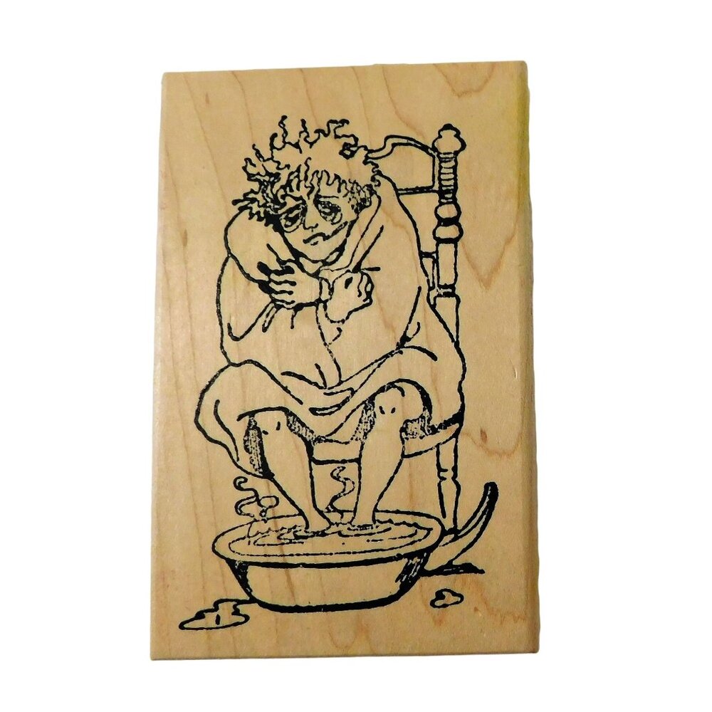 Old Woman In Chair Foot Bath Funny Rubber Stamp Wooden Block Craft Stamping